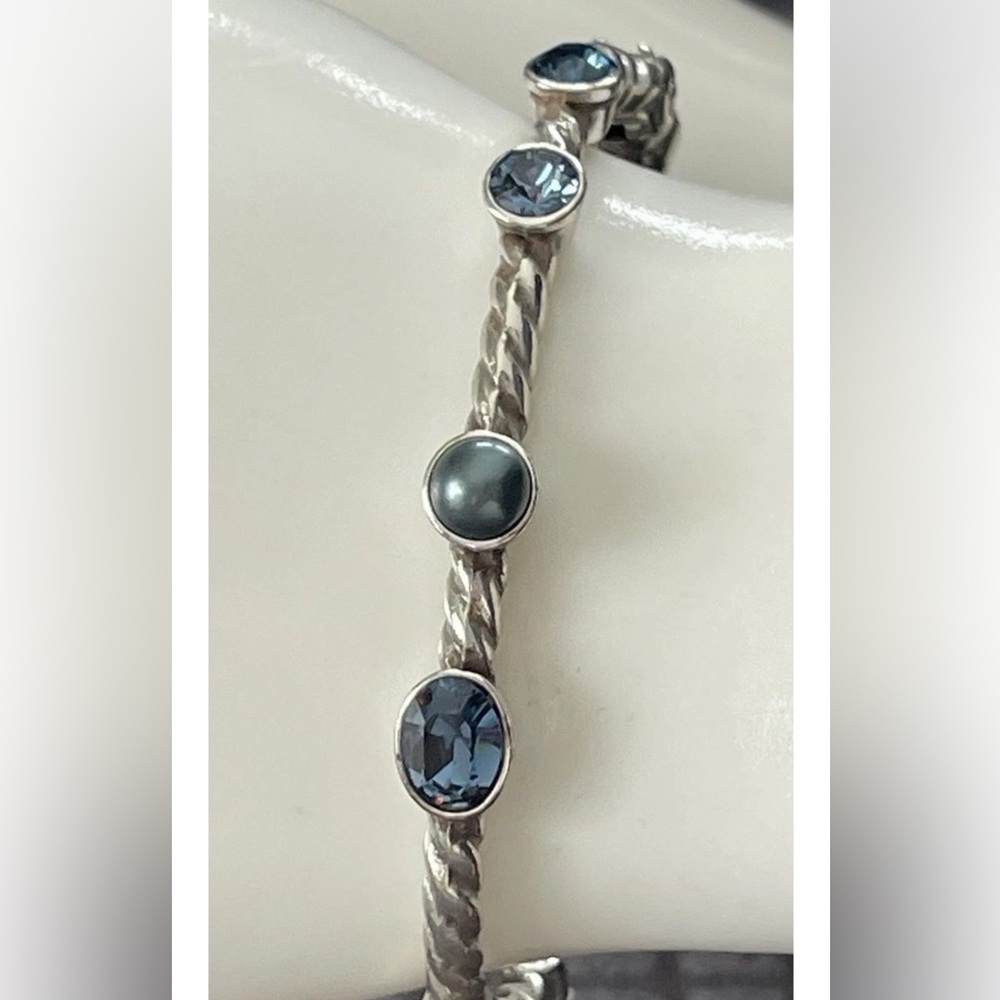 Brighton MONTE CARLO Silver Rope Hinged Blue Crystal Faux Pearl Bangle Bracelet - Picture 9 of 12